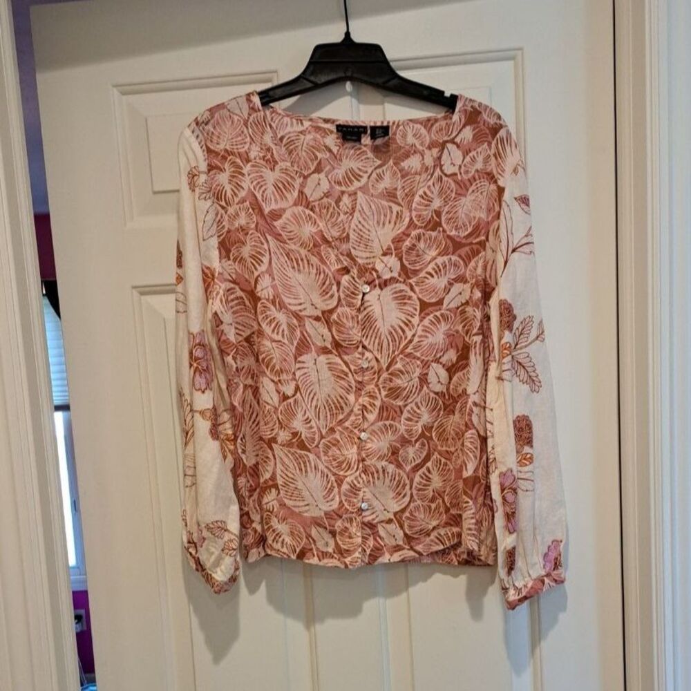 Tahari V-Neck Top Blouse Shirt Palm/ Floral Print 100% Linen Women’s Size Medium